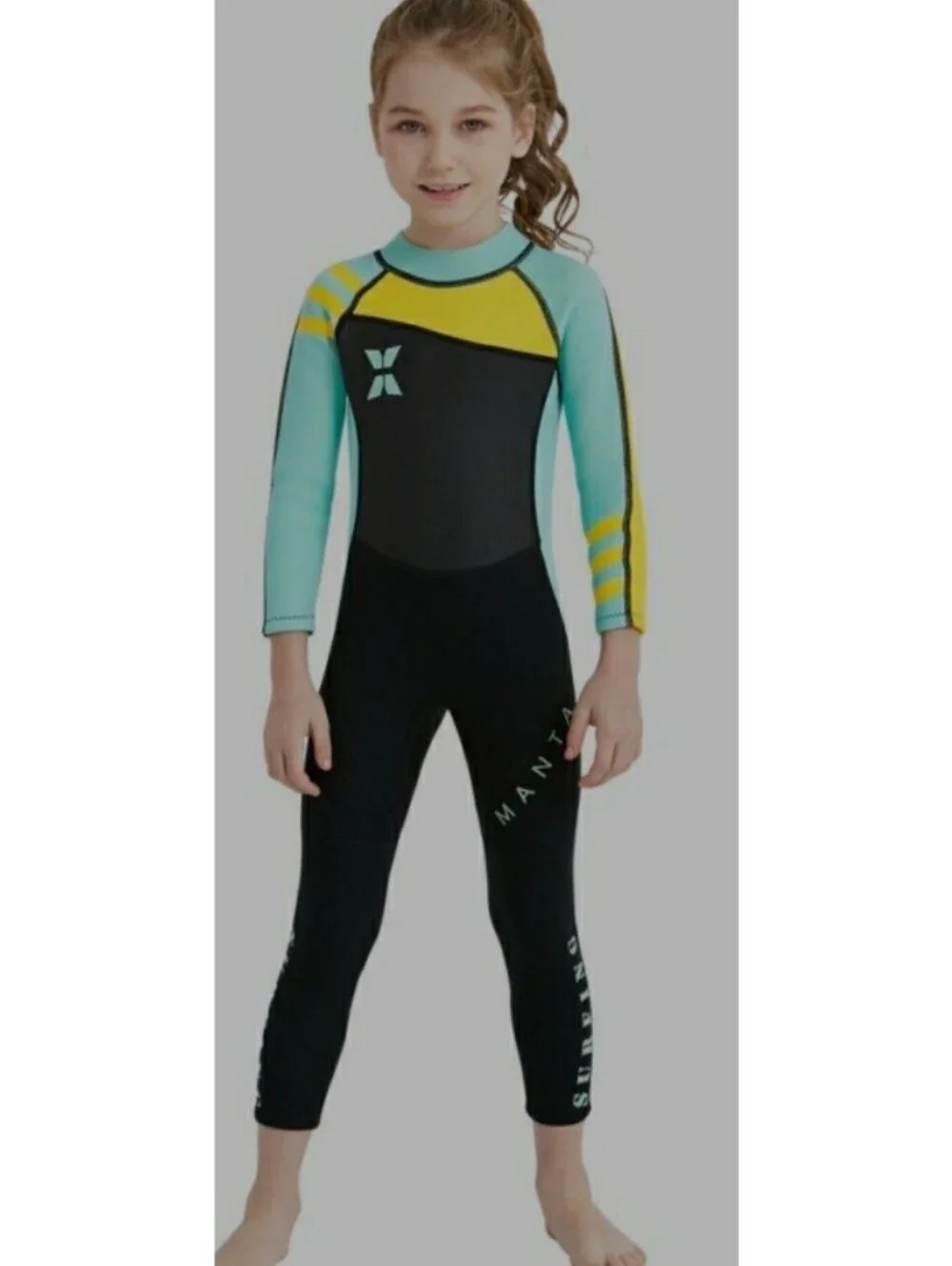 Kids Long Sleeve Full Wetsuit - Yellow & Aqua - Picture 1 of 4
